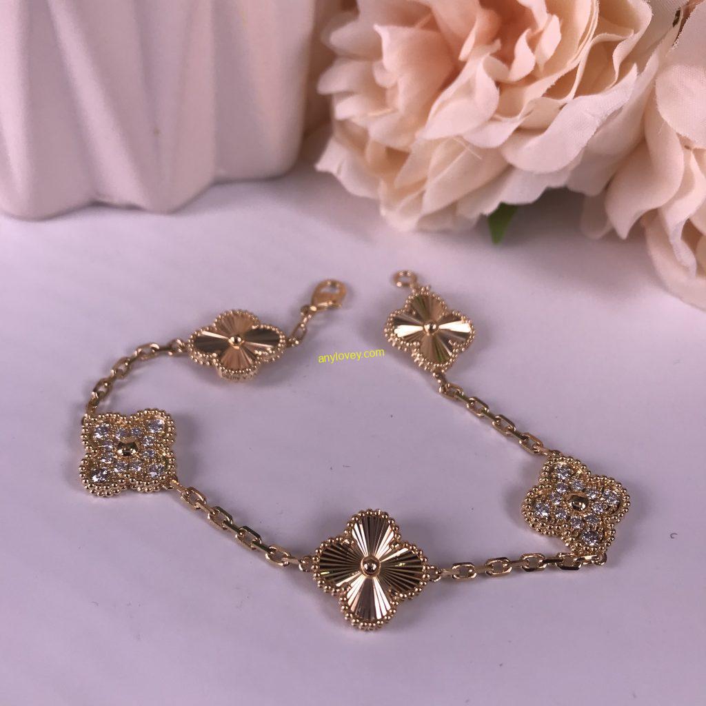 VAN CLEEF & ARPEL 18CT YELLOW GOLD VINTAGE ALHAMBRA BRACELET 5 MOTIFS DIAMOND