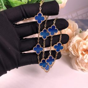 VAN CLEEF & ARPEL 18CT GOLD ALHAMBRA NECKLACE BLUE AGATE 10 MOTIFS