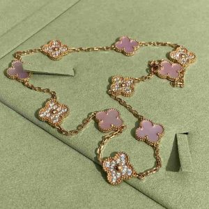 Van Cleef Arpels 18K Rose Gold Alhambra Necklace Pink Mother-Of-Pearl 10 Motifs Diamonds