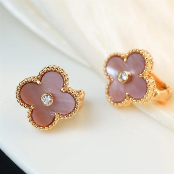 Van Cleef & Arpels 18K Vintage Alhambra Earrings Pink Mother-Of-Pearl Diamond