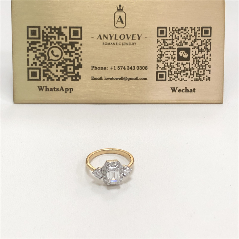 Anylovey Custom 18K Gold Emerald Cut VVS Lab Diamond Three Stone Engagement Ring